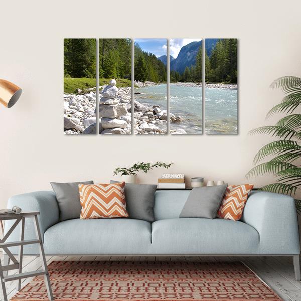 River Isar At Alps Mountains Canvas Wall Art-5 Horizontal-Gallery Wrap-22" x 12"-Tiaracle