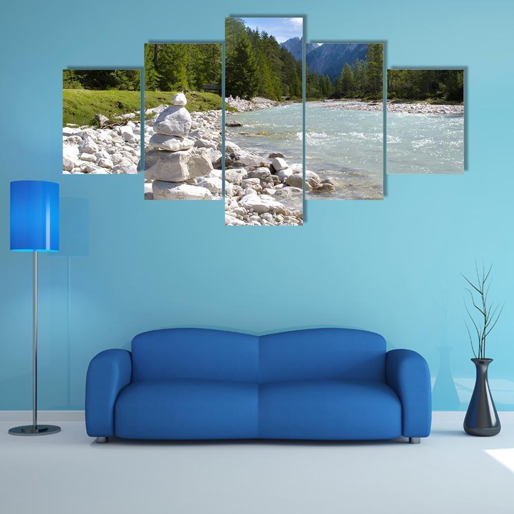 River Isar At Alps Mountains Canvas Wall Art-5 Star-Gallery Wrap-62" x 32"-Tiaracle
