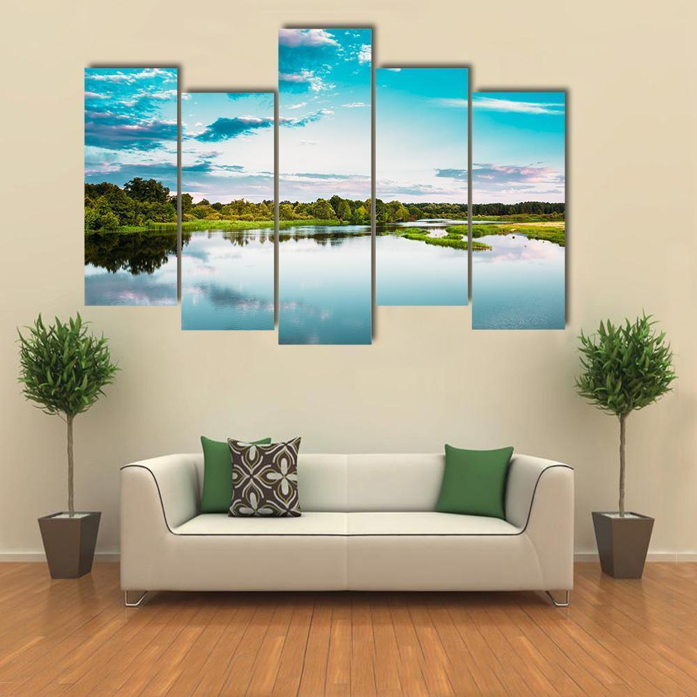 River Landscape In Belarus Canvas Wall Art-5 Pop-Gallery Wrap-47" x 32"-Tiaracle