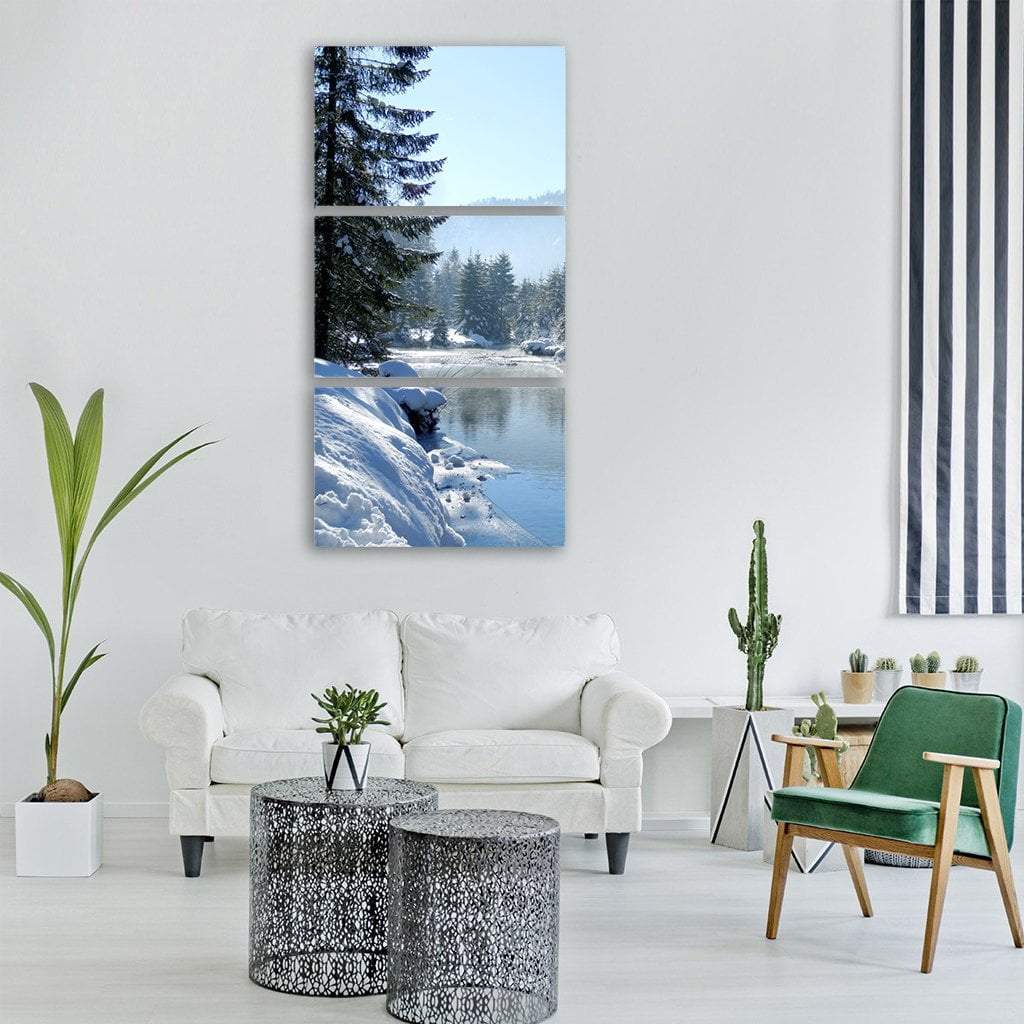 River Landscape In Winter Vertical Canvas Wall Art-3 Vertical-Gallery Wrap-12" x 25"-Tiaracle