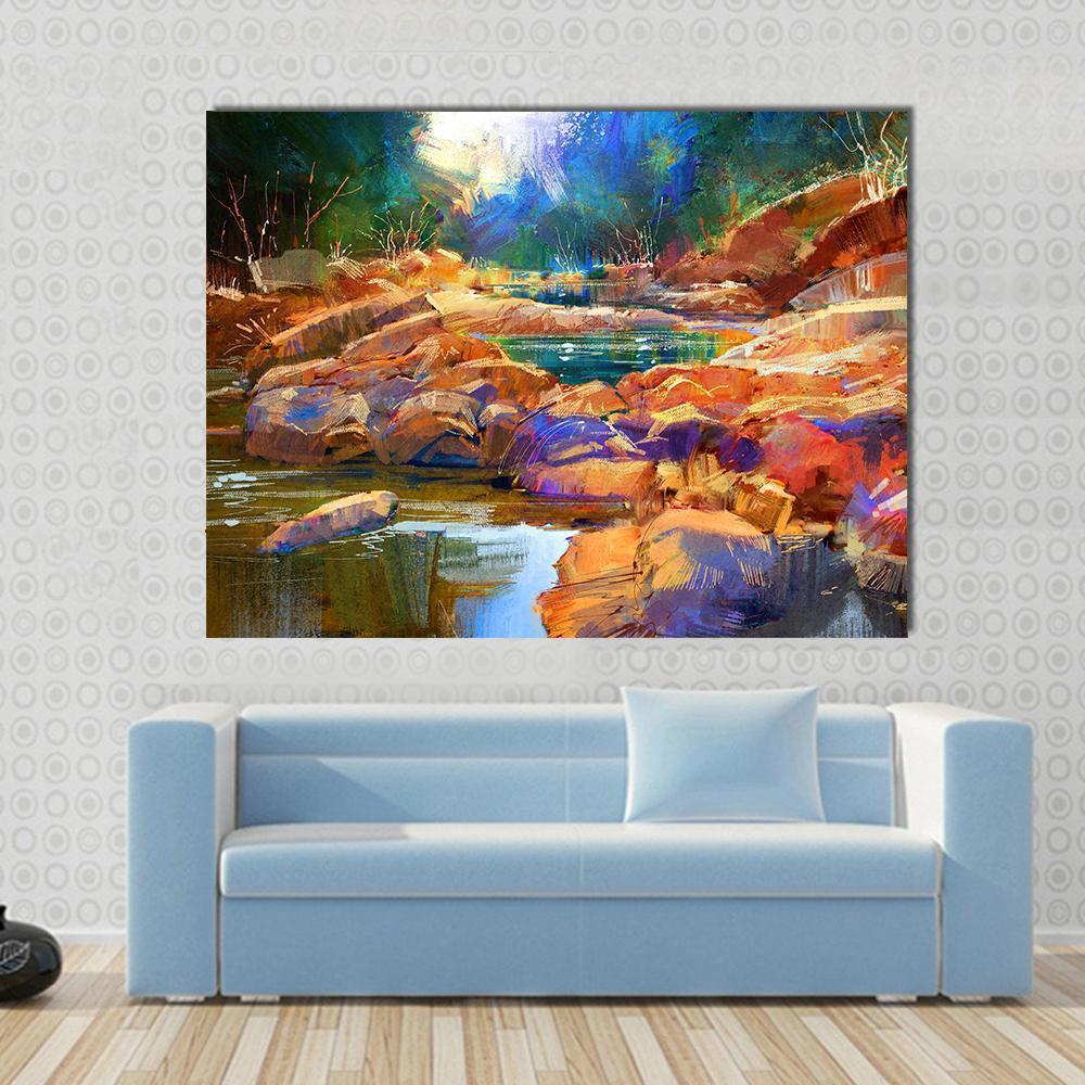 River Lines with Colorful Stones Canvas Wall Art in brown, orange and blue, single panel hung on a wall