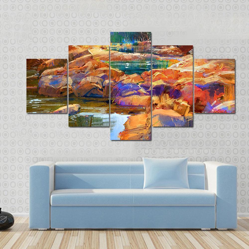River Lines With Colorful Stones Canvas Wall Art-5 Star-Gallery Wrap-62" x 32"-Tiaracle