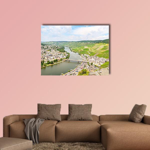 Mosel River Summer View Canvas Wall Art in white, green and blue, single panel hung on a wall