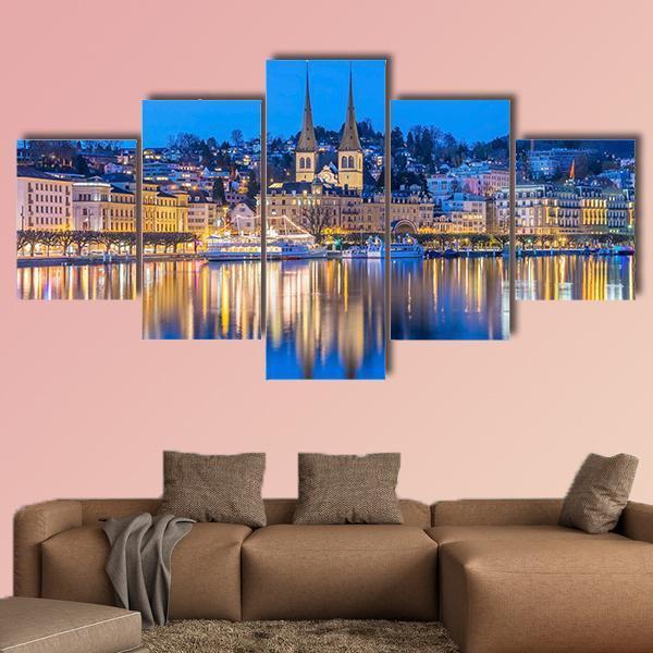 River Reuss With Church Of Saint Leodegar In Luzern Canvas Wall Art-5 Star-Gallery Wrap-62" x 32"-Tiaracle