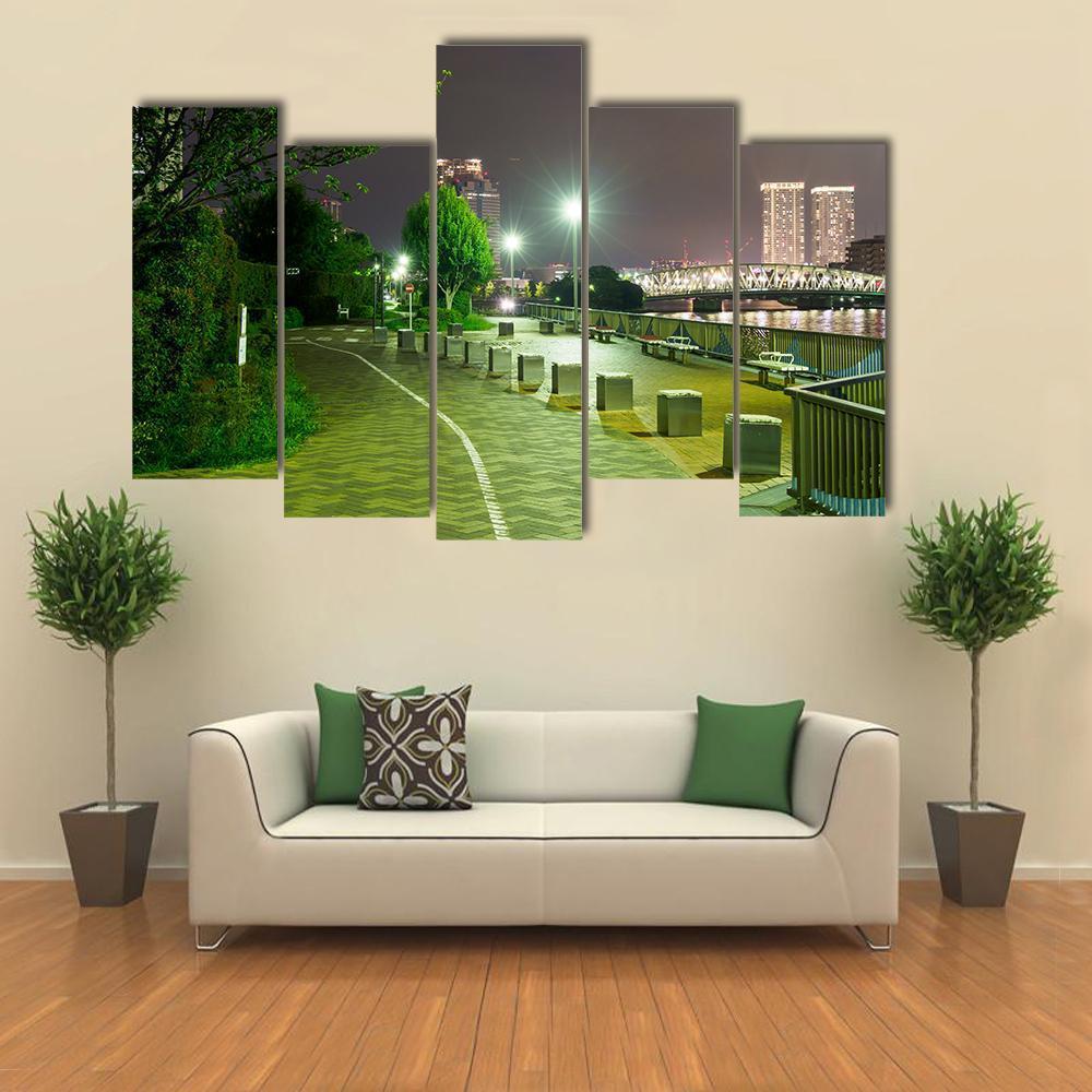 River Side Promenade In Japan Canvas Wall Art-5 Pop-Gallery Wrap-47" x 32"-Tiaracle