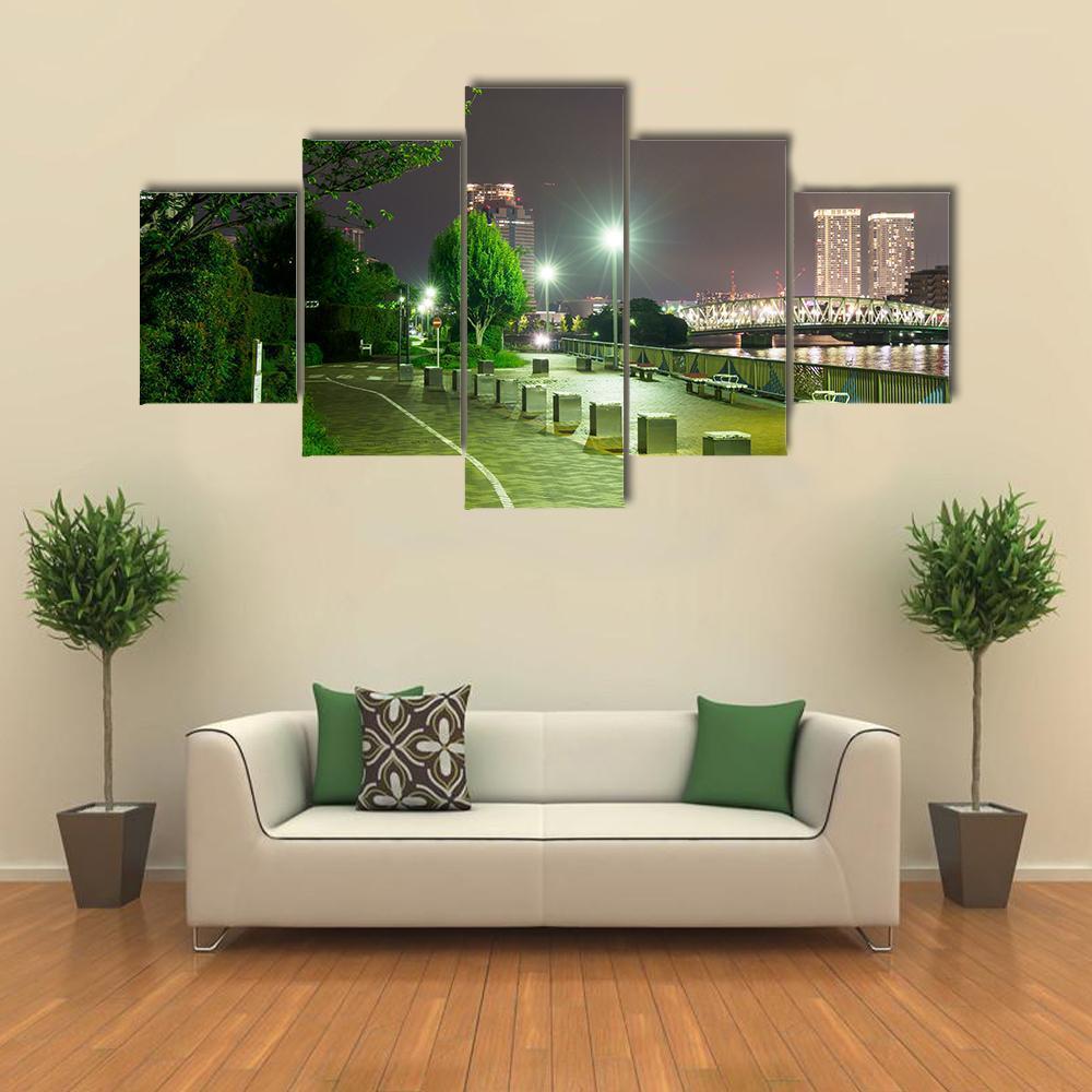 River Side Promenade In Japan Canvas Wall Art-5 Star-Gallery Wrap-62" x 32"-Tiaracle