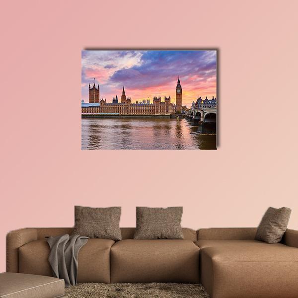 River Thames at Sunset Canvas Wall Art in orange, blue and pink, single panel hung on a wall
