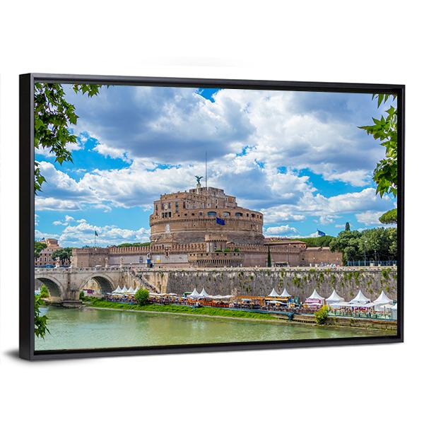 River Tiber And Castel Sant Angelo Canvas Wall Art-3 Horizontal-Gallery Wrap-25" x 16"-Tiaracle