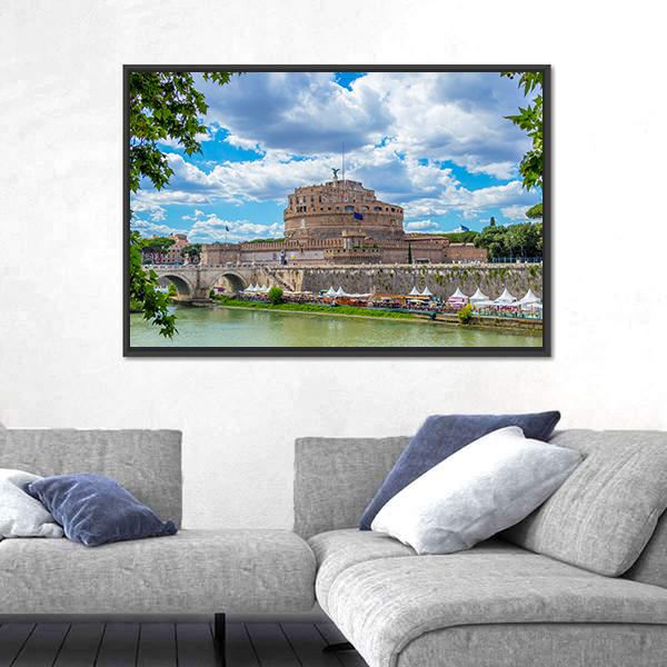River Tiber And Castel Sant Angelo Canvas Wall Art-3 Horizontal-Gallery Wrap-25" x 16"-Tiaracle