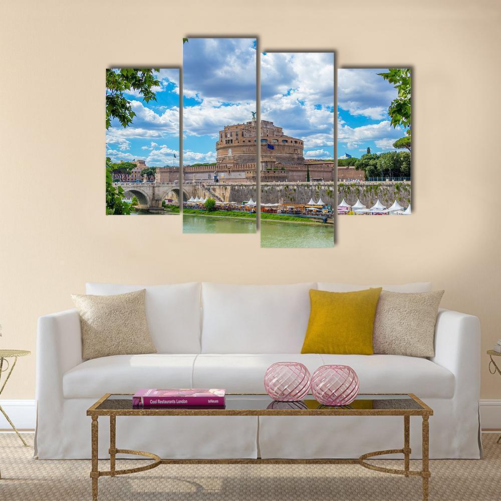 River Tiber And Castel Sant Angelo Canvas Wall Art-4 Pop-Gallery Wrap-50" x 32"-Tiaracle