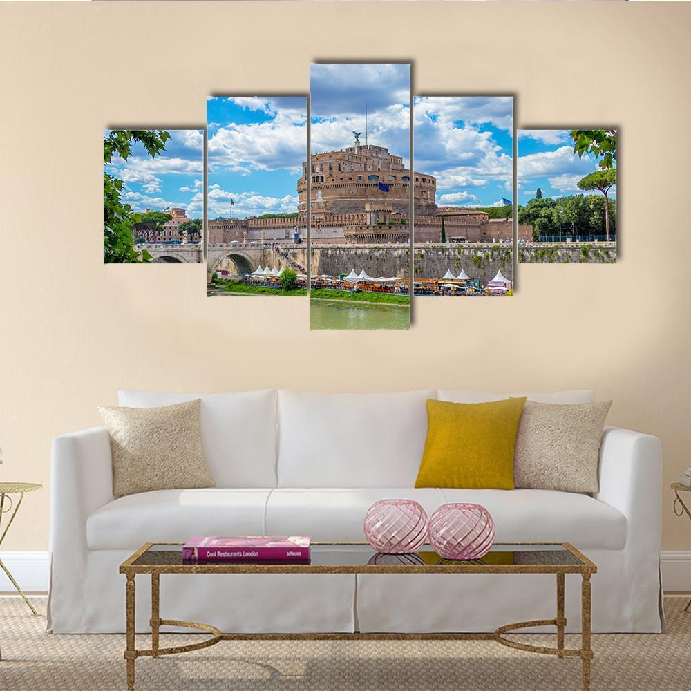 River Tiber And Castel Sant Angelo Canvas Wall Art-5 Star-Gallery Wrap-62" x 32"-Tiaracle
