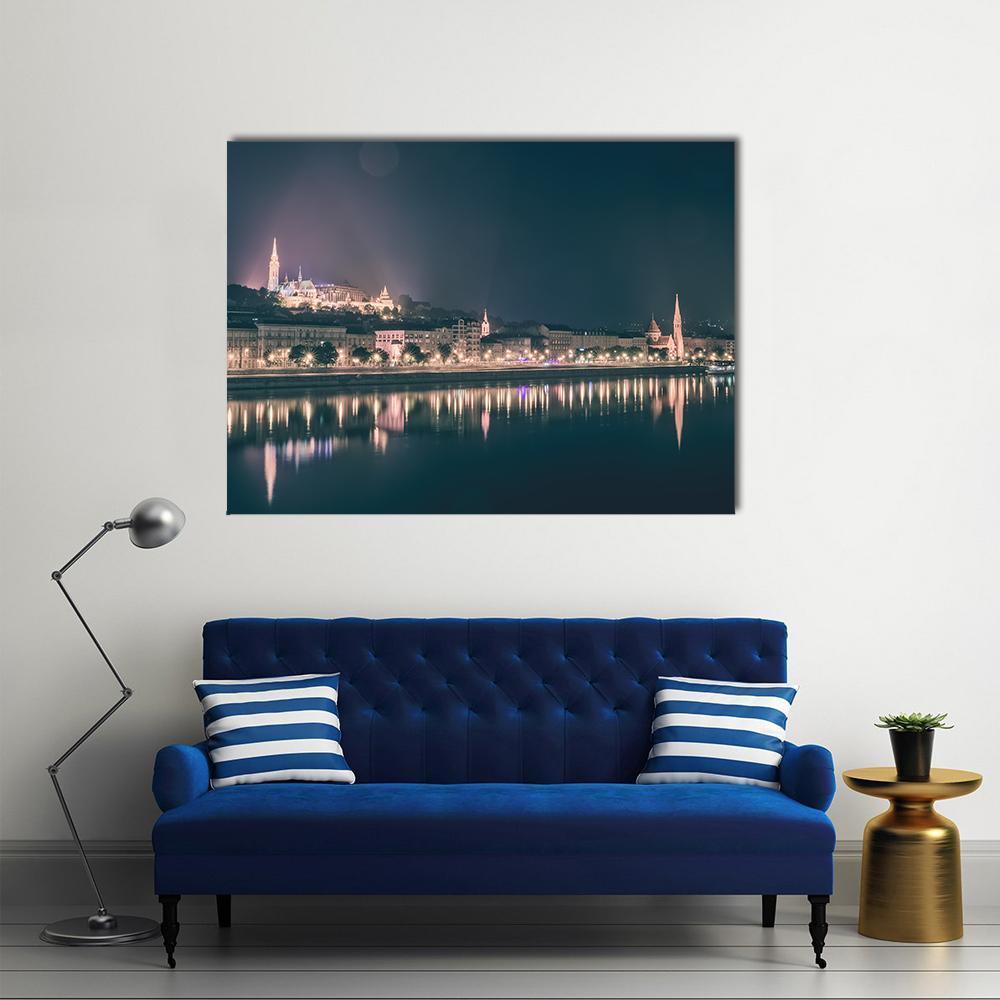 Budapest River View at Night Canvas Wall Art in black and blue, single panel hung on a wall