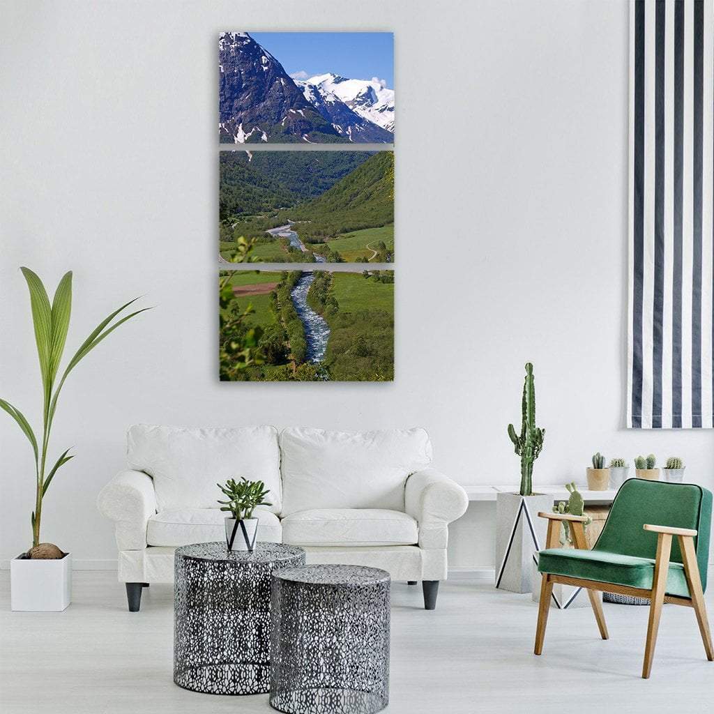 River With Mountains Landscape In Norway Vertical Canvas Wall Art-3 Vertical-Gallery Wrap-12" x 25"-Tiaracle