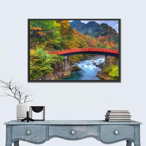 River With Shinkyo Bridge In Nikko Canvas Wall Art-1 Piece-Floating Frame-24" x 16"-Tiaracle