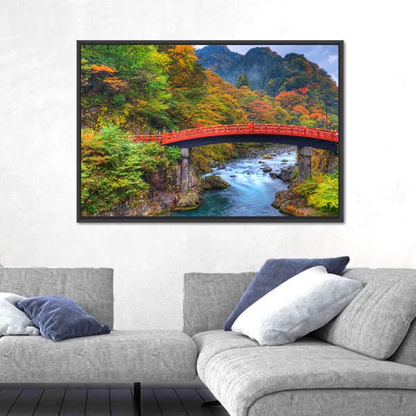 River With Shinkyo Bridge In Nikko Canvas Wall Art-5 Horizontal-Gallery Wrap-22" x 12"-Tiaracle