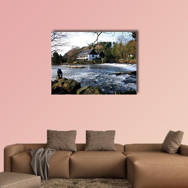 Wupper River, North Rhine Germany Canvas Wall Art in gray, brown and blue, single panel hung on a wall