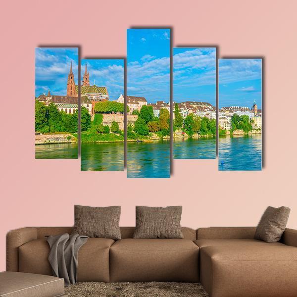 Riverside Of Rhine In Basel Canvas Wall Art-5 Pop-Gallery Wrap-47" x 32"-Tiaracle