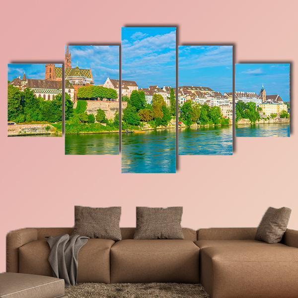 Riverside Of Rhine In Basel Canvas Wall Art-5 Star-Gallery Wrap-62" x 32"-Tiaracle