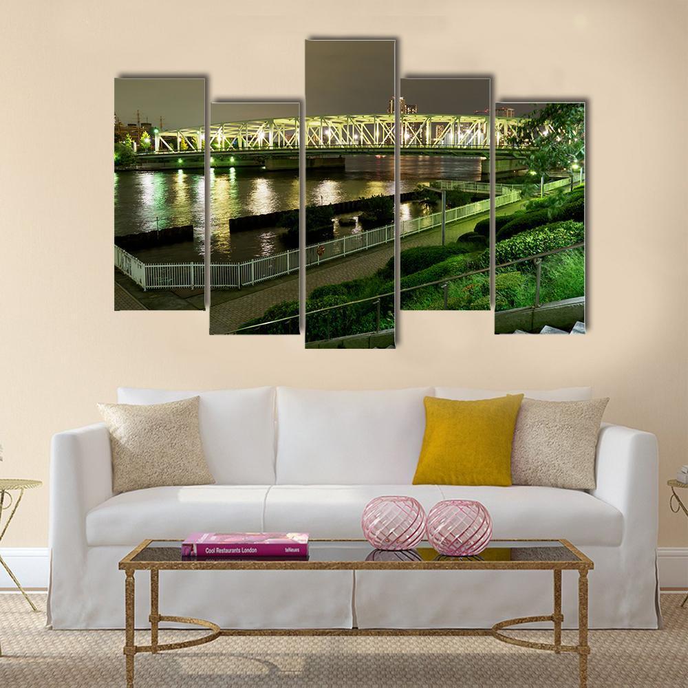 Riverside Promenade In Japan Canvas Wall Art-5 Star-Gallery Wrap-62" x 32"-Tiaracle