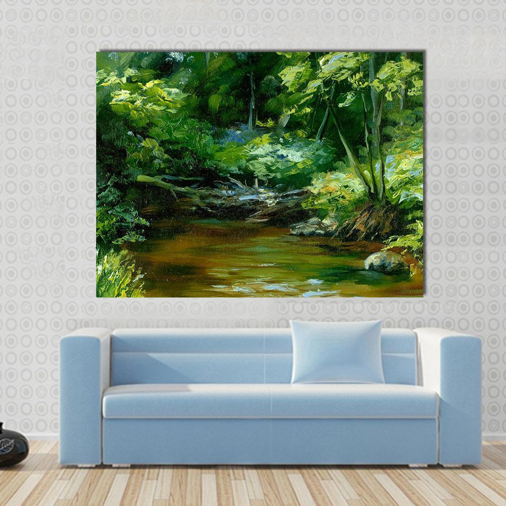 Rivulet in Thick Forest Canvas Wall Art in brown and green, single panel hung on a wall