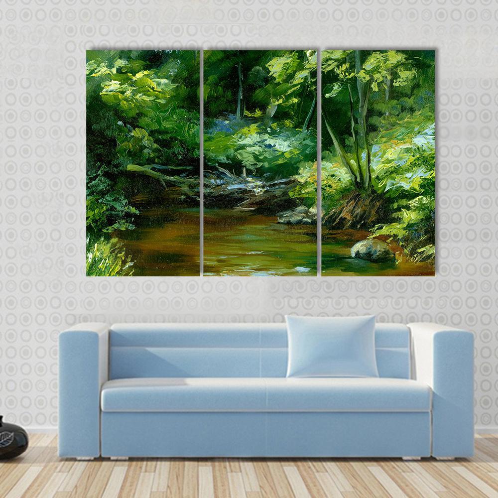 Rivulet In Thick Forest Canvas Wall Art-3 Horizontal-Gallery Wrap-37" x 24"-Tiaracle