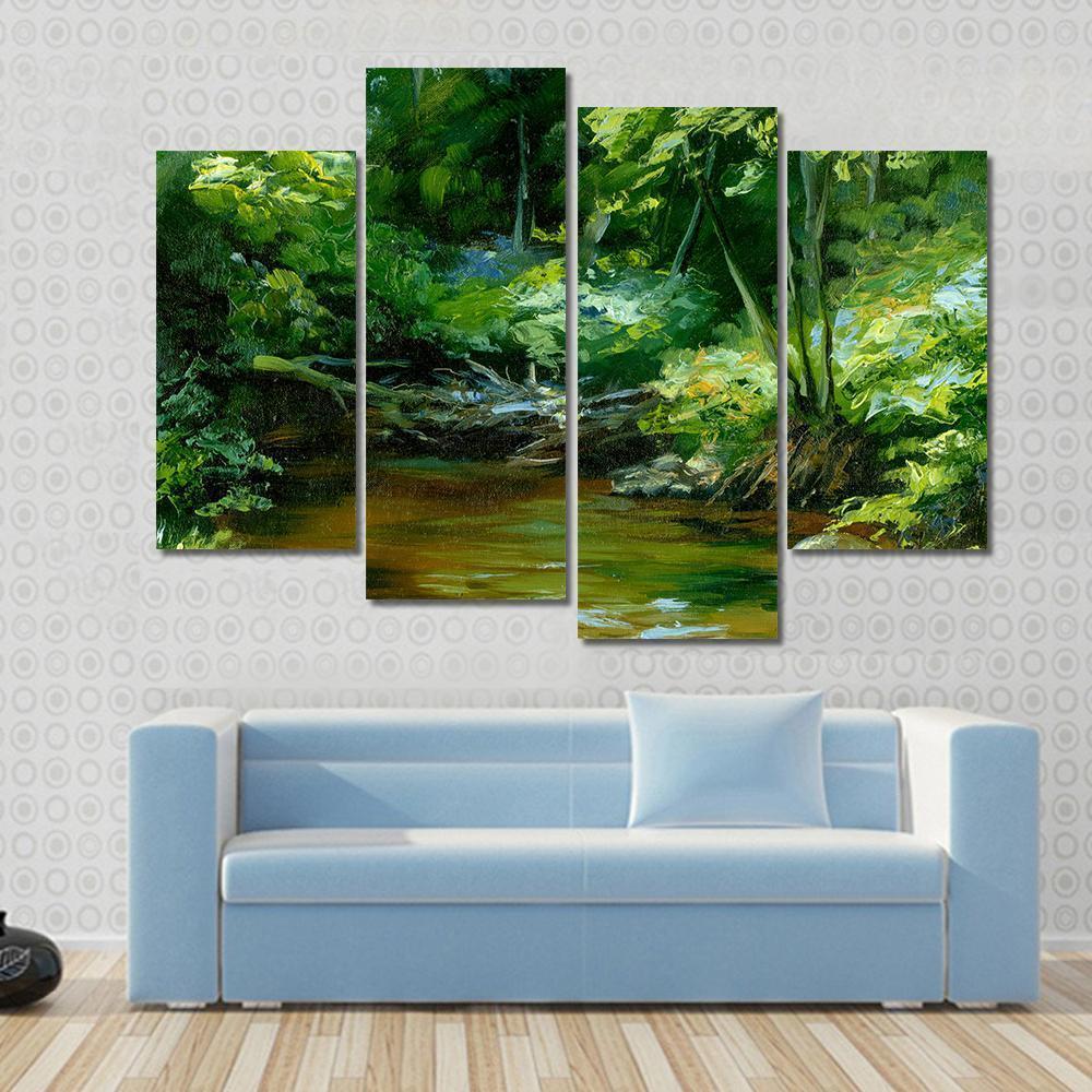 Rivulet In Thick Forest Canvas Wall Art-4 Pop-Gallery Wrap-50" x 32"-Tiaracle