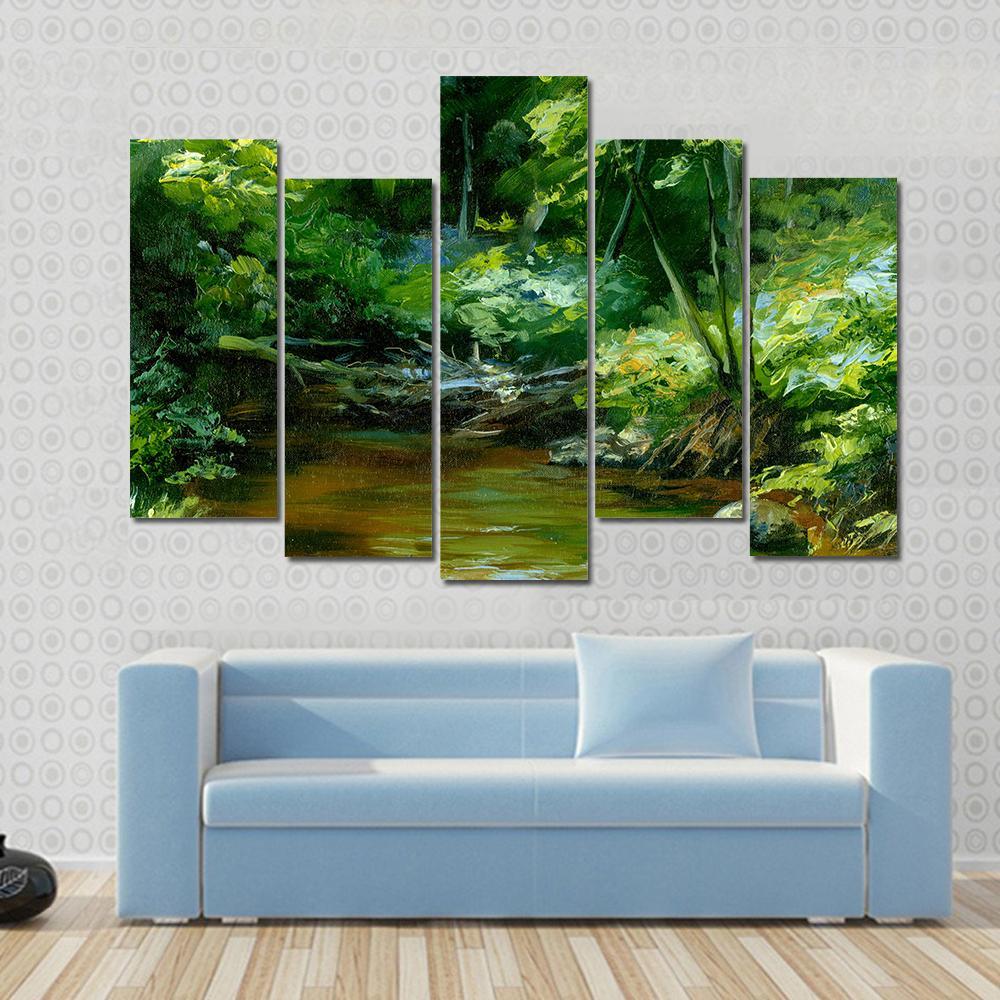 Rivulet In Thick Forest Canvas Wall Art-5 Pop-Gallery Wrap-47" x 32"-Tiaracle