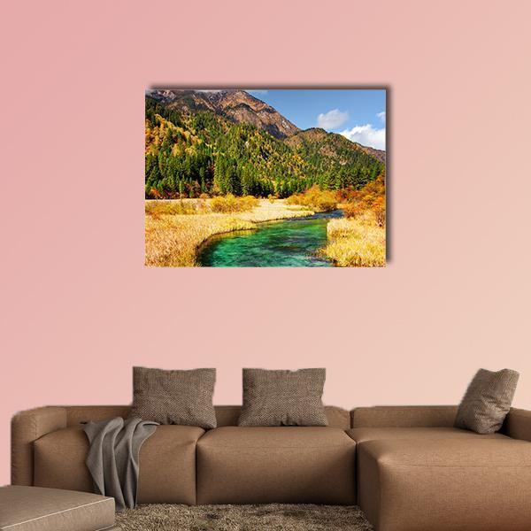 Rize Valley Turquoise River, Jiuzhaigou Canvas Wall Art in yellow, green and blue, single panel hung on a wall