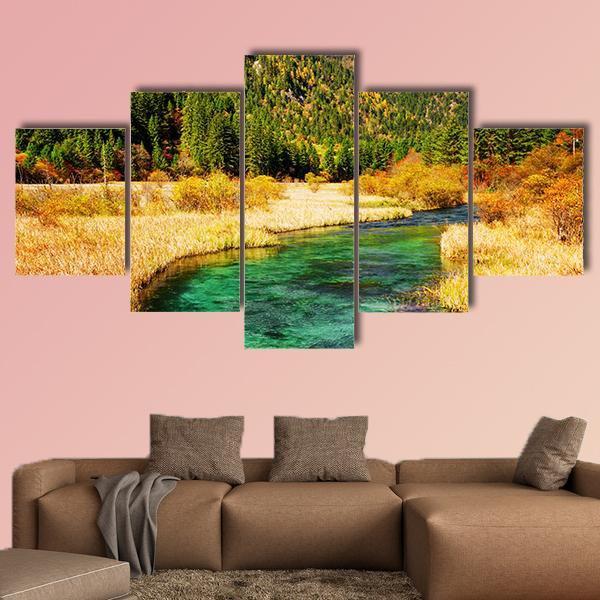 Rize Valley In Jiuzhaigou China Canvas Wall Art-5 Star-Gallery Wrap-62" x 32"-Tiaracle