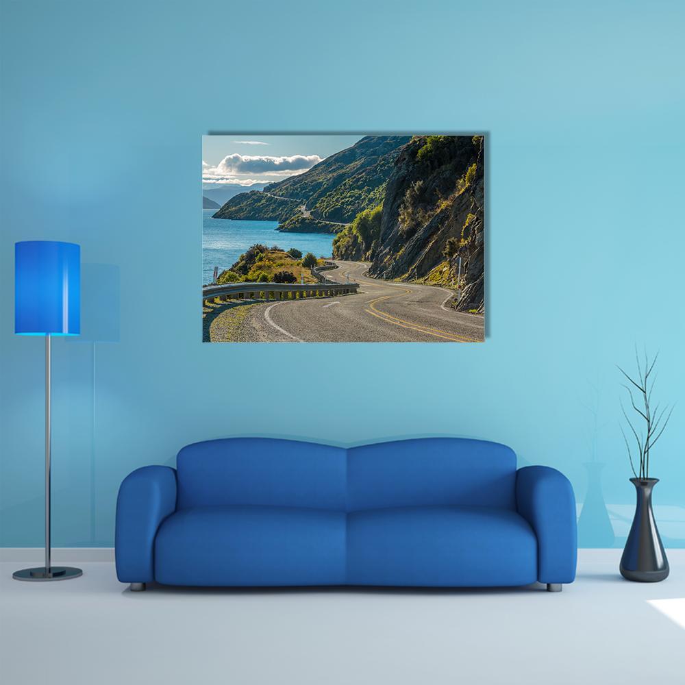 Road Along Lake Wakatipu, Queenstown Canvas Wall Art in gray, green and blue, single panel hung on a wall