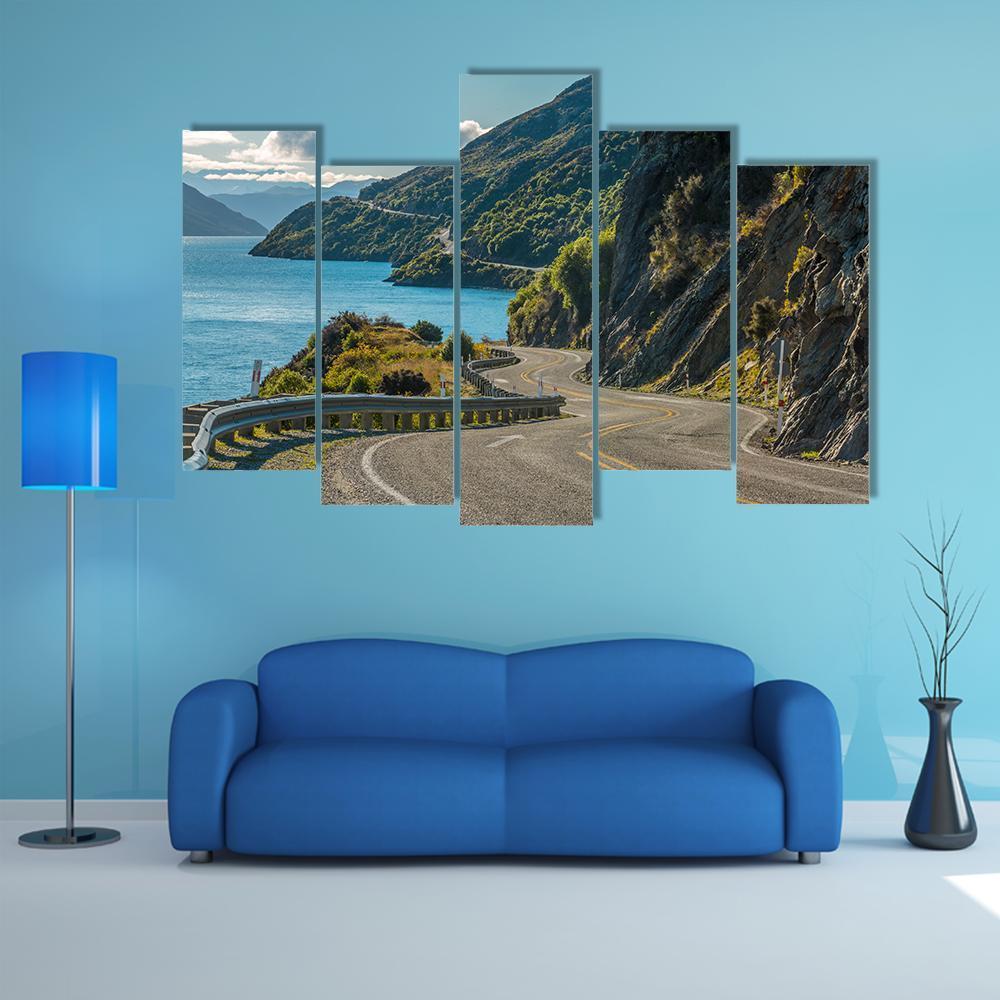 Road Along Lake Wakatipu In Queenstown Canvas Wall Art-5 Pop-Gallery Wrap-47" x 32"-Tiaracle