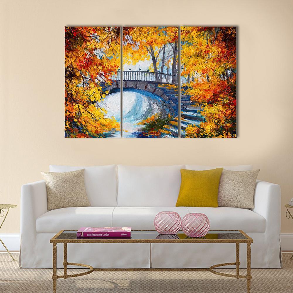 Road And Bridge In Autumn Forest Canvas Wall Art-3 Horizontal-Gallery Wrap-37" x 24"-Tiaracle