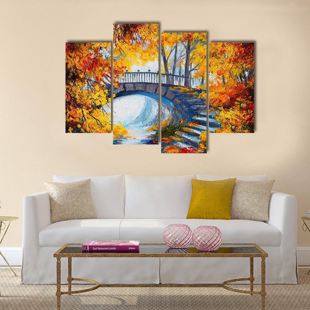 Road And Bridge In Autumn Forest Canvas Wall Art-4 Pop-Gallery Wrap-50" x 32"-Tiaracle
