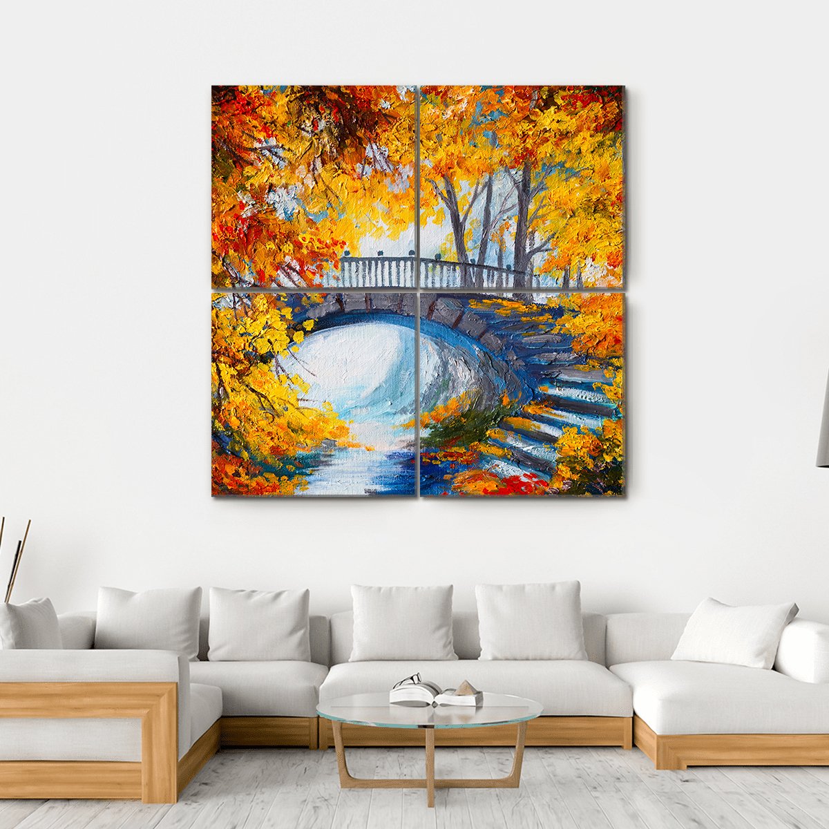 Road And Bridge In Autumn Forest Canvas Wall Art-4 Square-Gallery Wrap-17" x 17"-Tiaracle