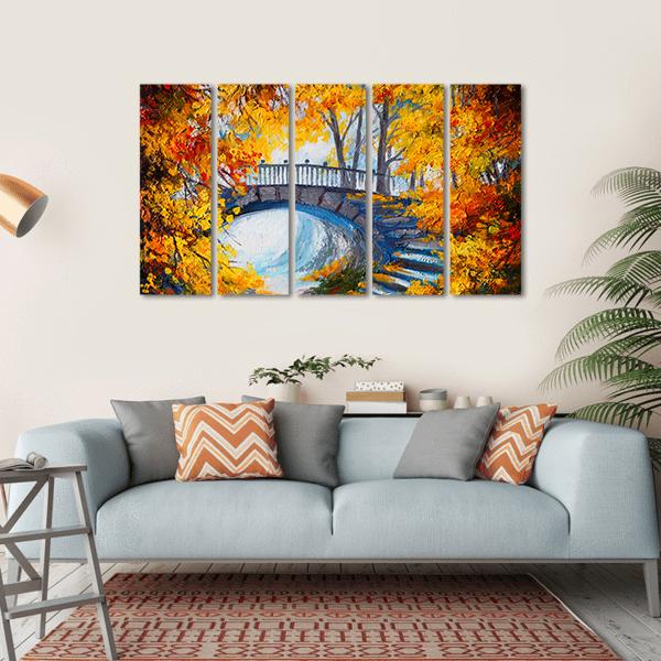 Road And Bridge In Autumn Forest Canvas Wall Art-5 Horizontal-Gallery Wrap-22" x 12"-Tiaracle