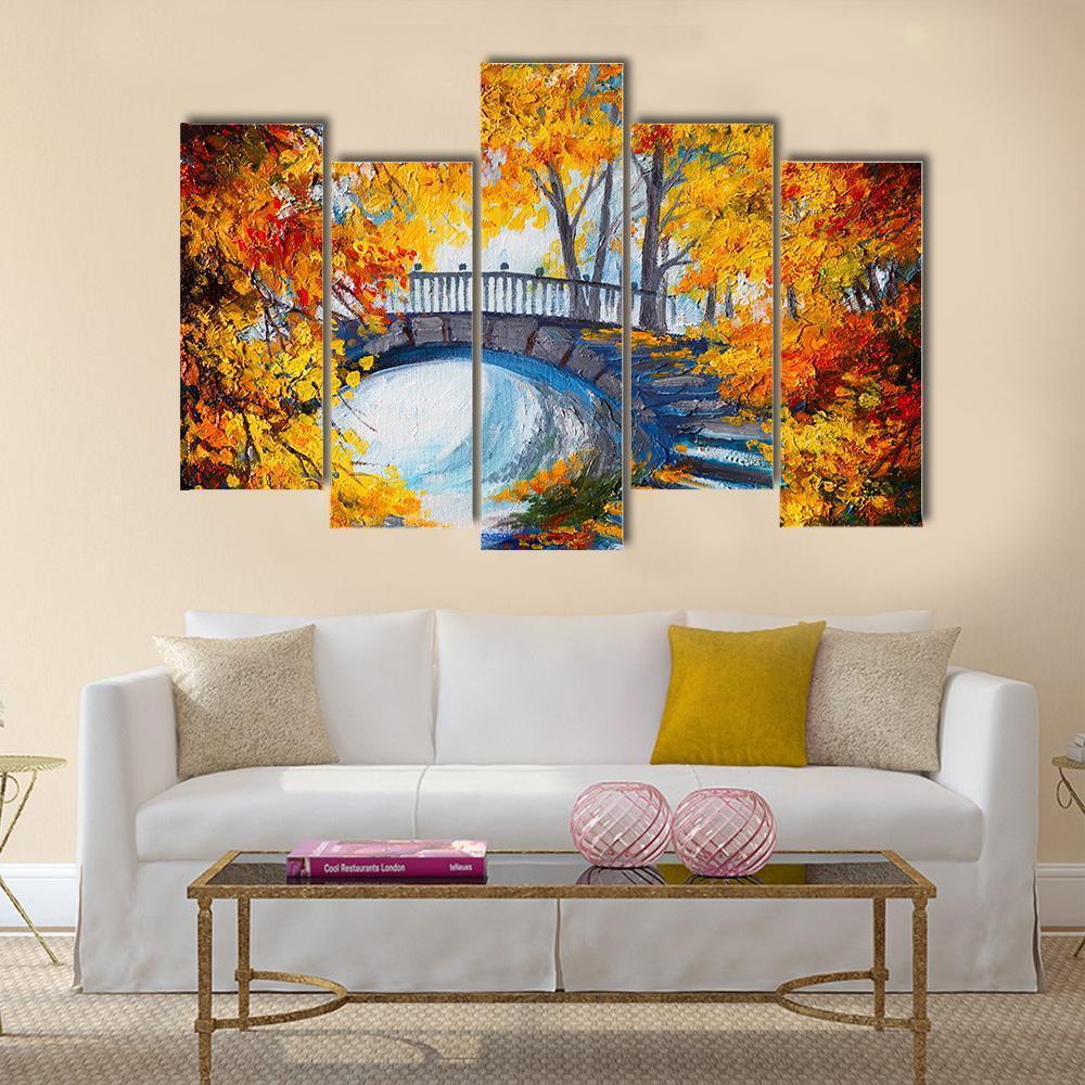 Road And Bridge In Autumn Forest Canvas Wall Art-5 Pop-Gallery Wrap-47" x 32"-Tiaracle