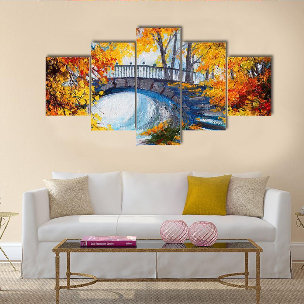 Road And Bridge In Autumn Forest Canvas Wall Art-5 Star-Gallery Wrap-62" x 32"-Tiaracle