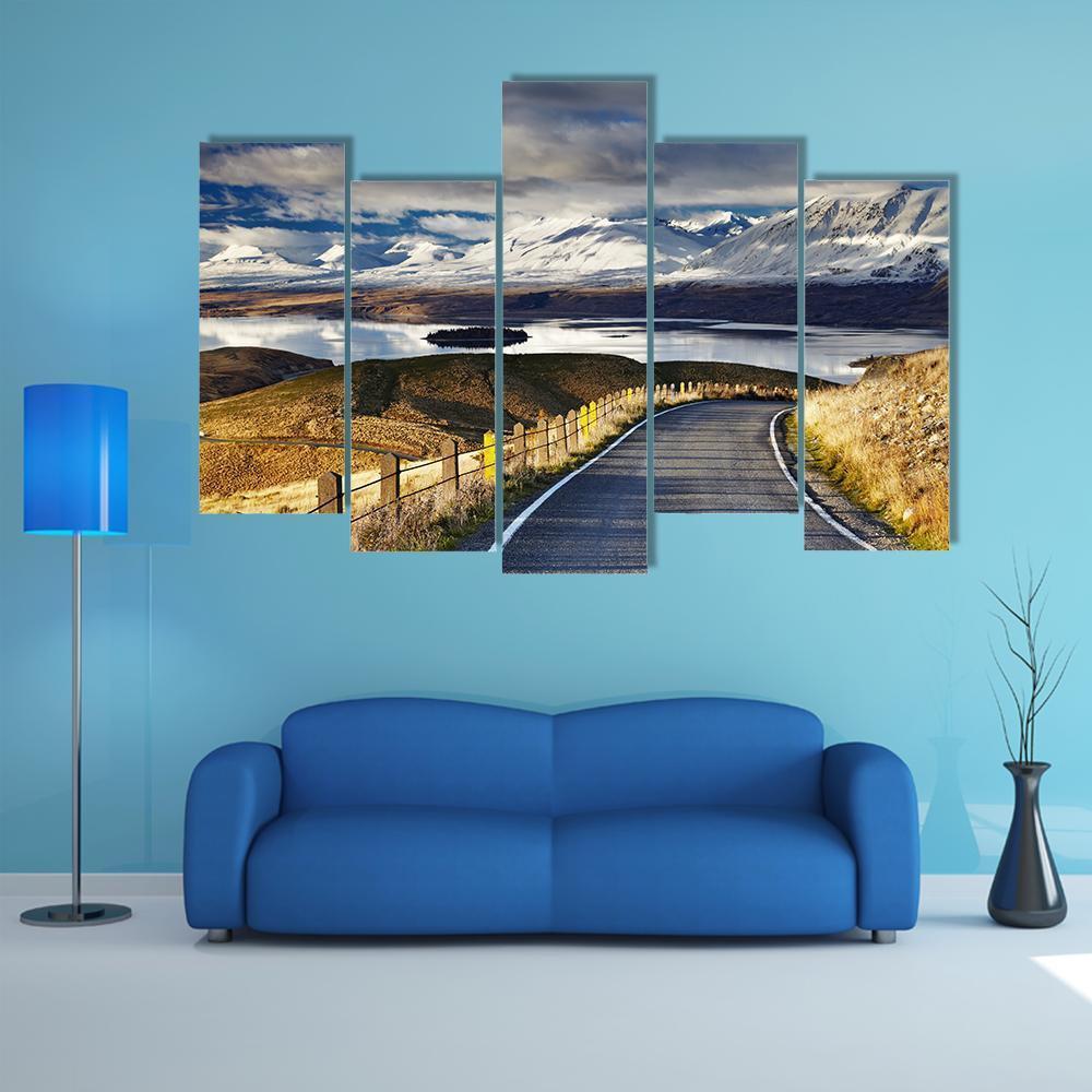 Road And Lake Tekapo Canvas Wall Art-5 Pop-Gallery Wrap-47" x 32"-Tiaracle