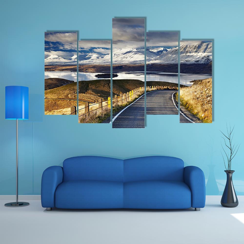 Road And Lake Tekapo Canvas Wall Art-5 Pop-Gallery Wrap-47" x 32"-Tiaracle