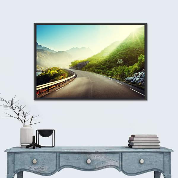 Road And Mist In Lofoten Islands Canvas Wall Art-1 Piece-Floating Frame-24" x 16"-Tiaracle