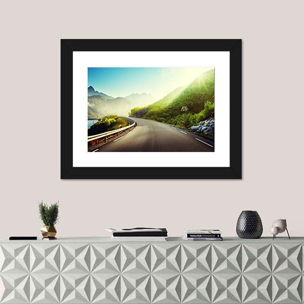 Road And Mist In Lofoten Islands Canvas Wall Art-1 Piece-Framed Print-20" x 16"-Tiaracle