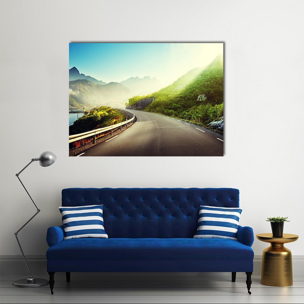 Misty Road in Lofoten Canvas Wall Art in gray, green and blue, single panel hung on a wall