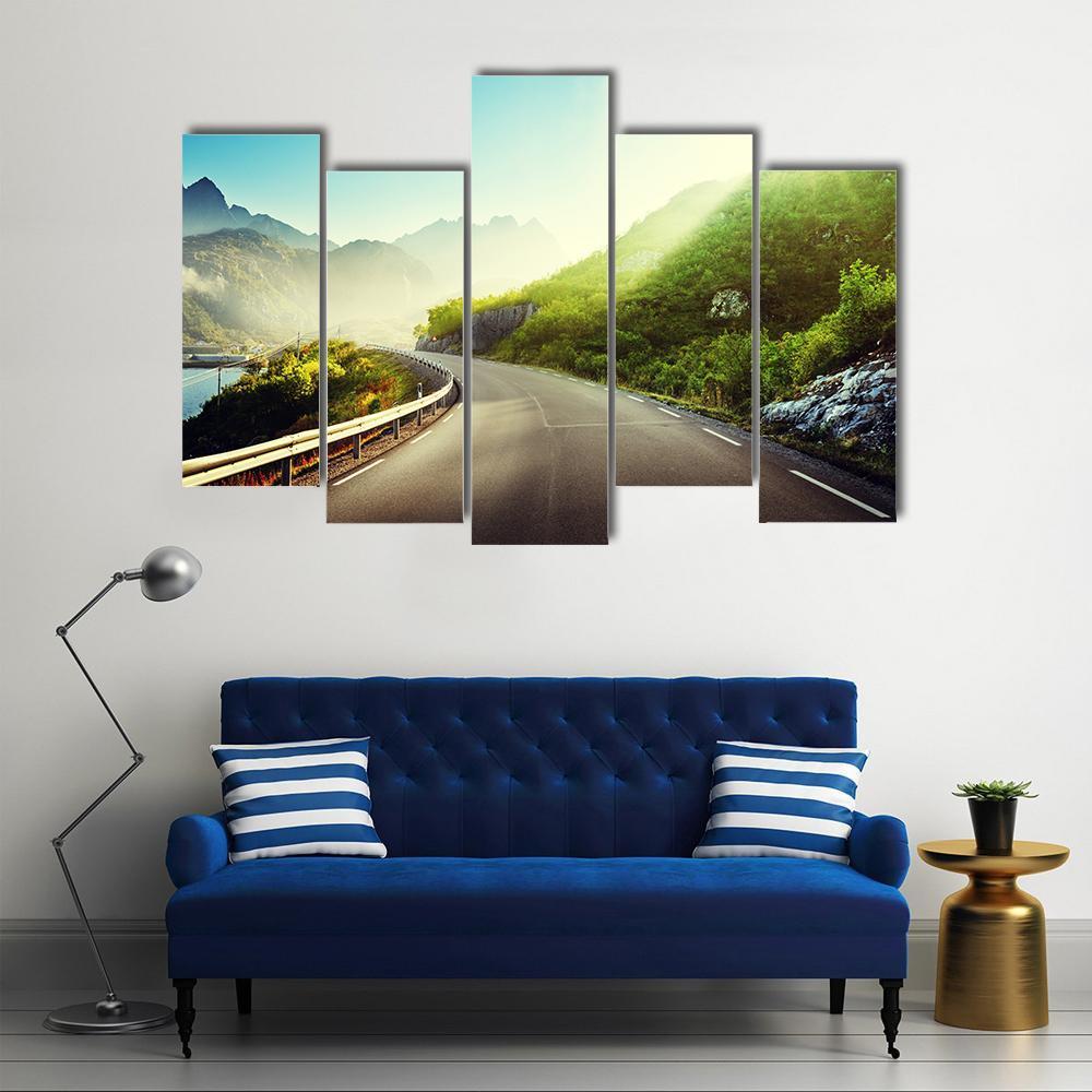 Road And Mist In Lofoten Islands Canvas Wall Art-5 Pop-Gallery Wrap-47" x 32"-Tiaracle