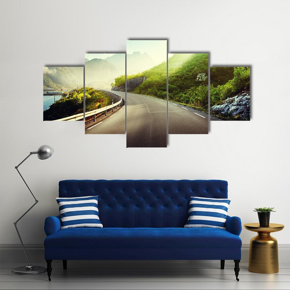Road And Mist In Lofoten Islands Canvas Wall Art-5 Star-Gallery Wrap-62" x 32"-Tiaracle