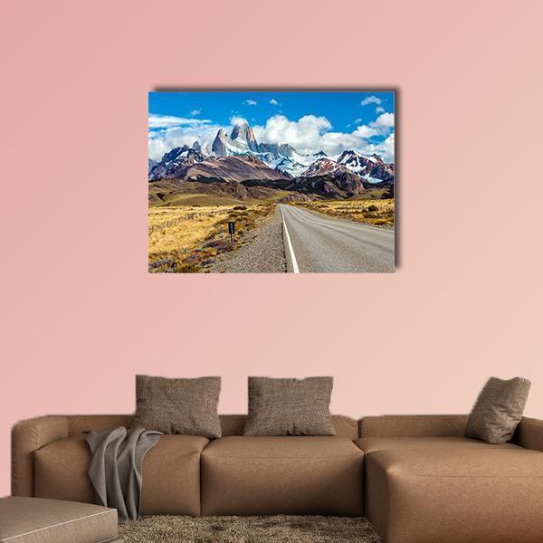 Mountain Road to Fitz Roy Peak Canvas Wall Art in gray, brown and blue, single panel hung on a wall
