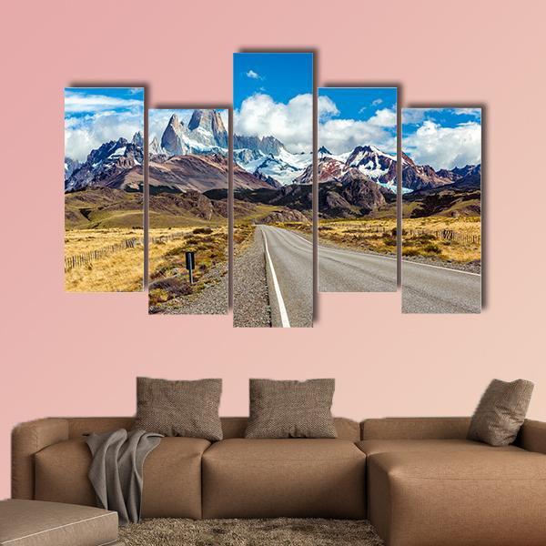 Road And Mountain Panorama With Fitz Roy Peak Canvas Wall Art-5 Pop-Gallery Wrap-47" x 32"-Tiaracle