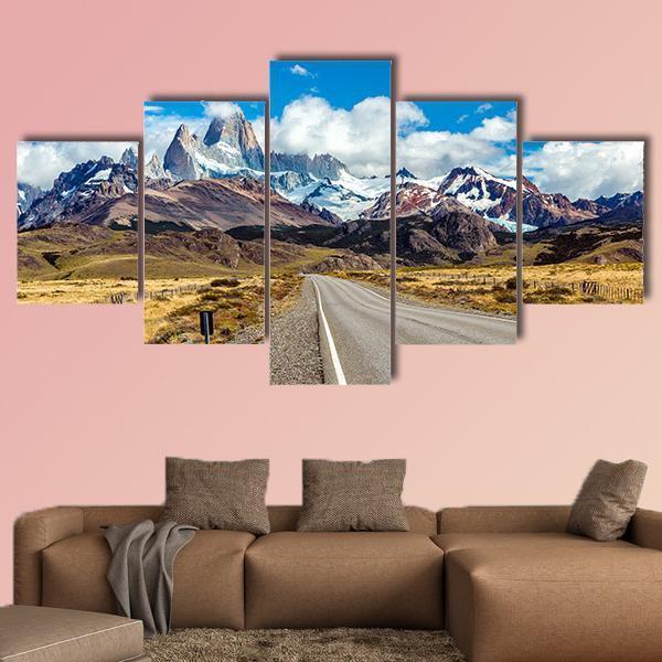 Road And Mountain Panorama With Fitz Roy Peak Canvas Wall Art-5 Star-Gallery Wrap-62" x 32"-Tiaracle