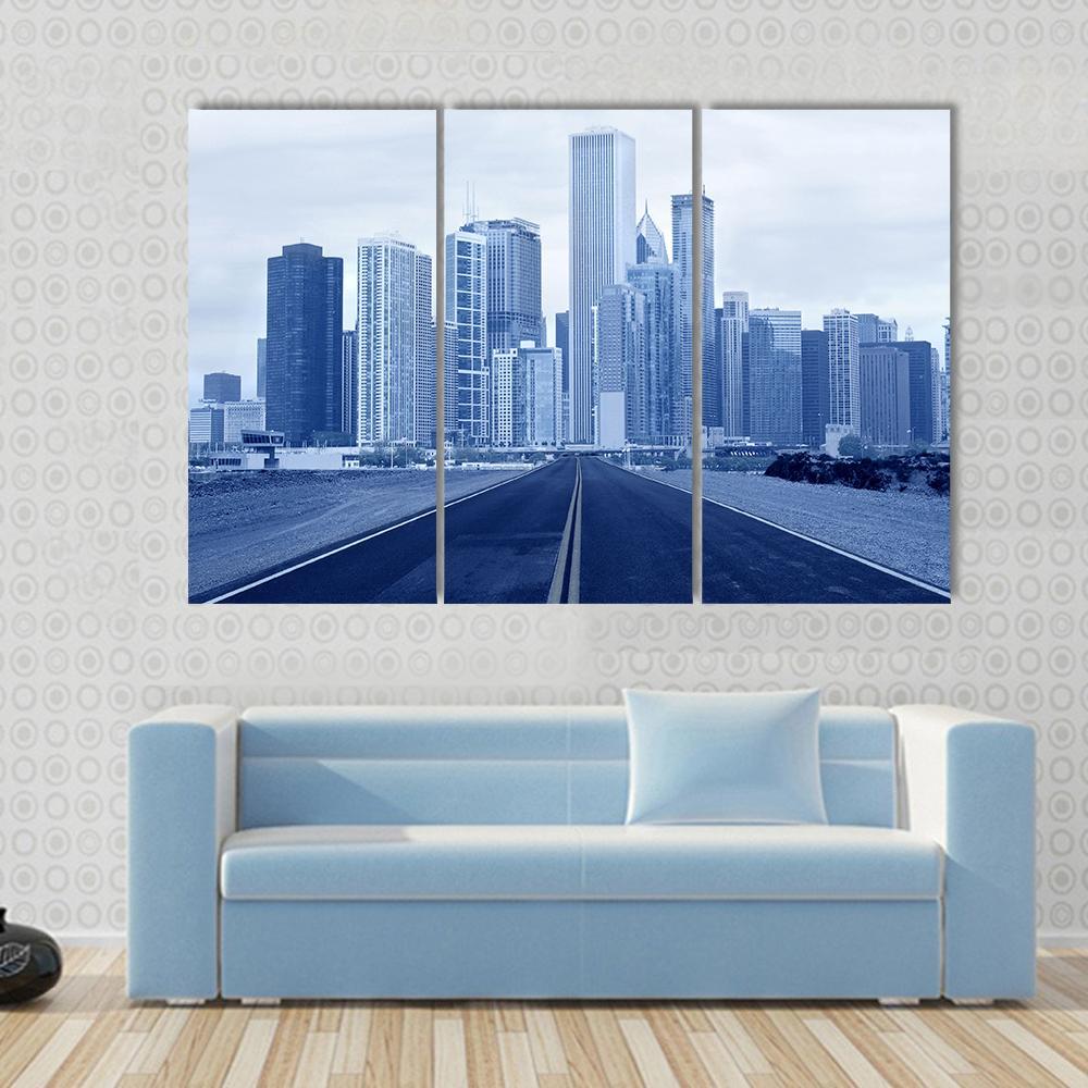 Road Approaching City Skycrappers Canvas Wall Art-3 Horizontal-Gallery Wrap-37" x 24"-Tiaracle