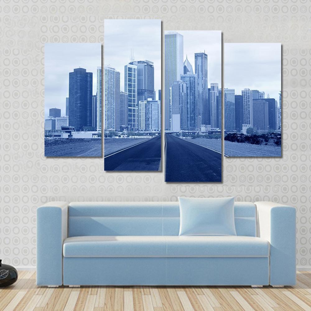 Road Approaching City Skycrappers Canvas Wall Art-4 Pop-Gallery Wrap-50" x 32"-Tiaracle