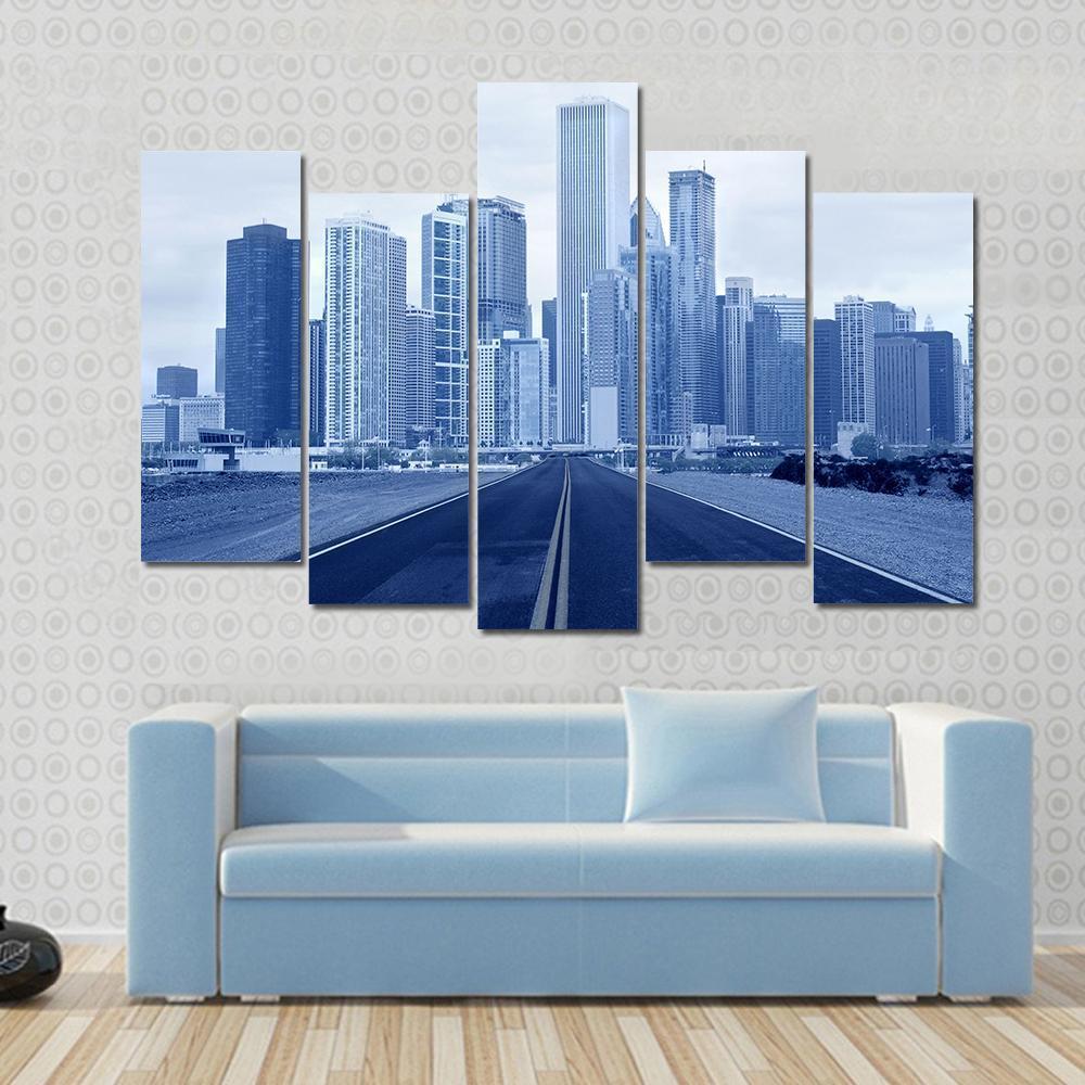 Road Approaching City Skycrappers Canvas Wall Art-5 Pop-Gallery Wrap-47" x 32"-Tiaracle